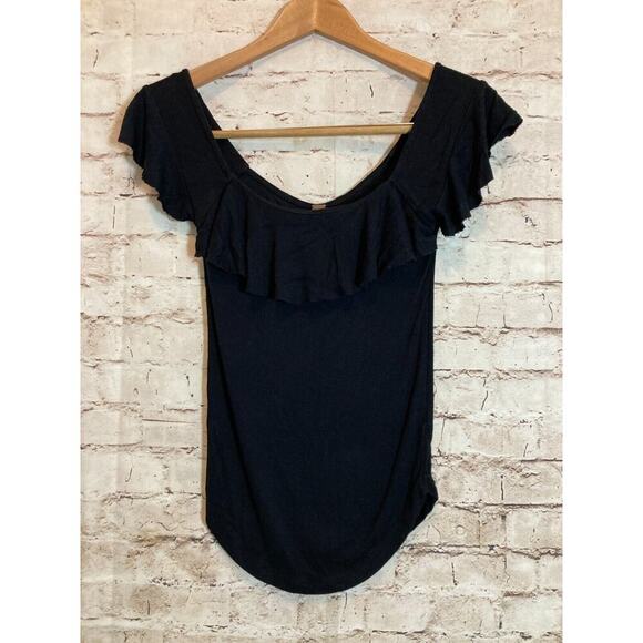 Free People Top Womens Small Black Raw Hem Ruffle Ribbed Whimsy Goth Stretch - Picture 1 of 13
